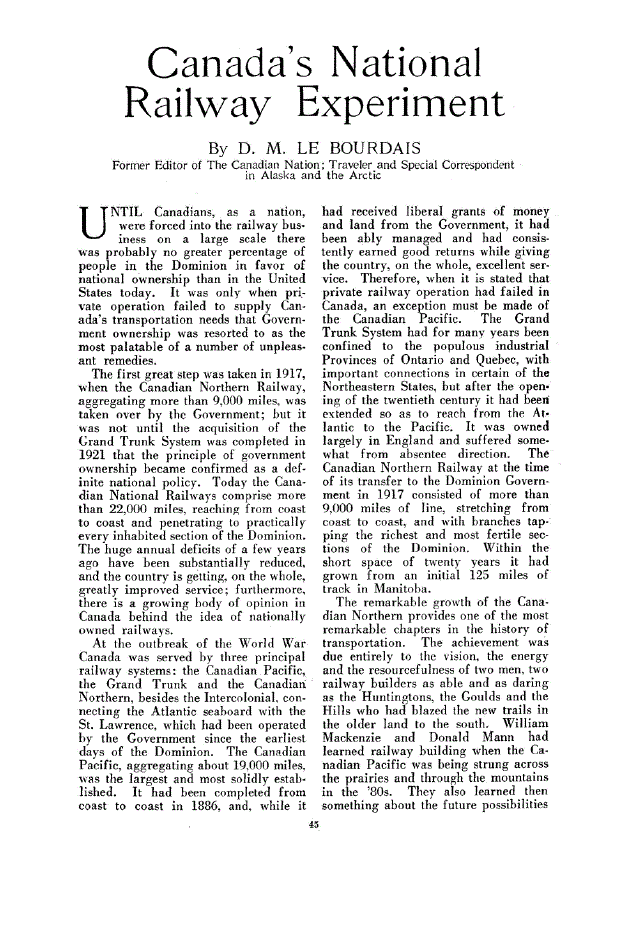 First page of Canada’s National Railway Experiment