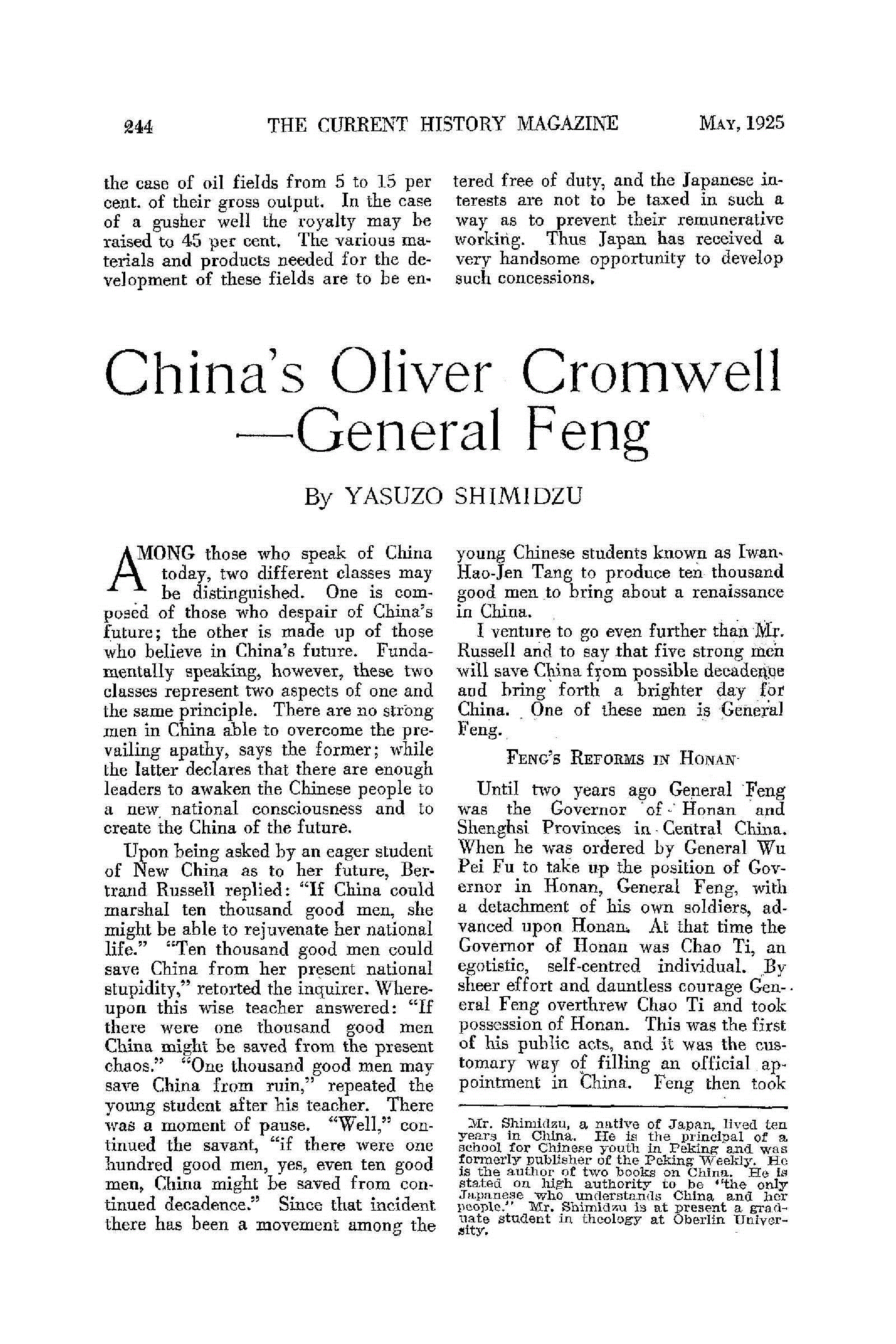 First page of China’s Oliver Cromwell—General Feng