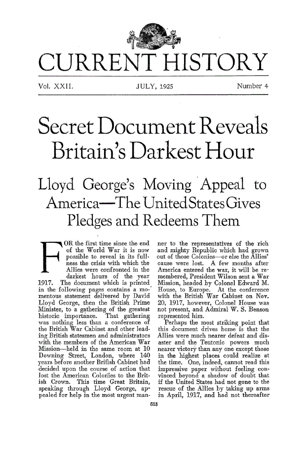 First page of Secret Document Reveals Britain’s Darkest Hour<subtitle>Lloyd George’s Moving Appeal to America—The United States Gives Pledges and Redeems Them</subtitle>