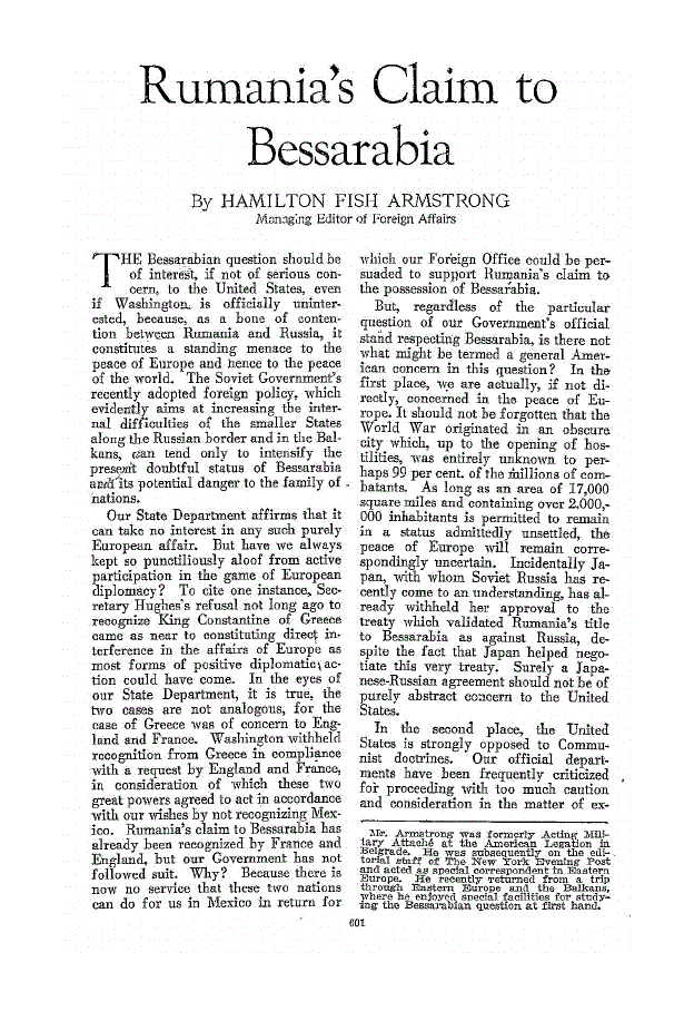 First page of Rumania’s Claim to Bessarabia