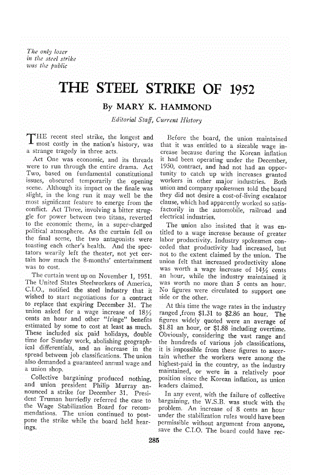 First page of The Steel Strike of 1952