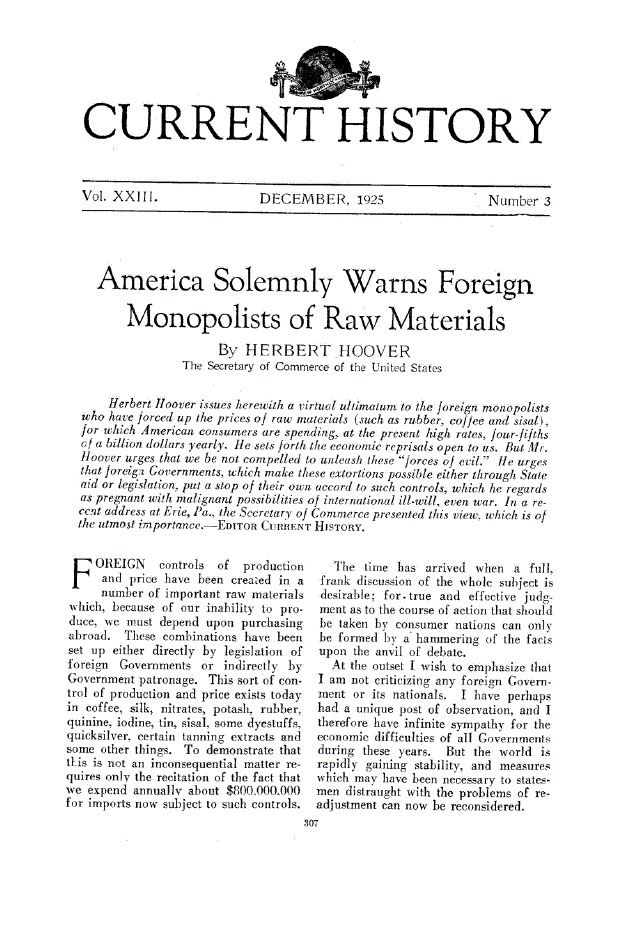 First page of America Solemnly Warns Foreign Monopolists of Raw Materials