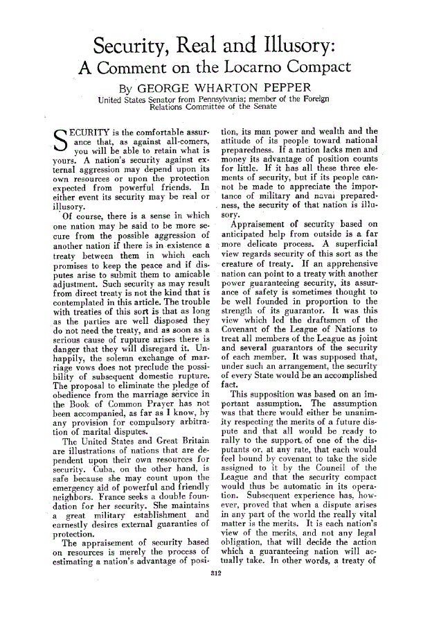 First page of Security, Real and Illusory: A Comment on the Locarno Compact