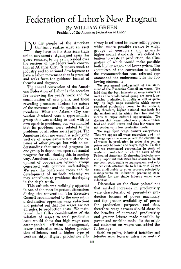 First page of Federation of Labor’s New Program