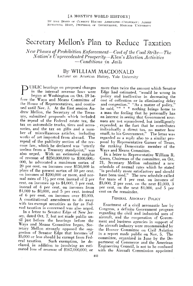 First page of Secretary Mellon’s Plan to Reduce Taxation