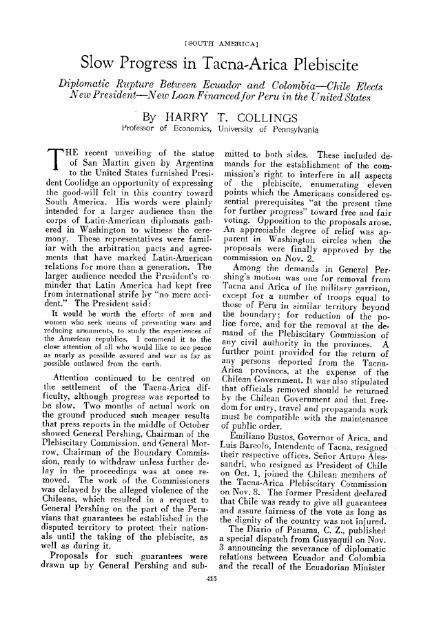 First page of Slow Progress in Tacna-Arica Plebiscite