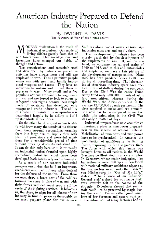 First page of American Industry Prepared to Defend the Nation
