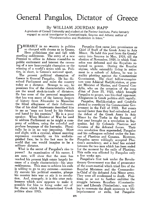First page of General Pangalos, Dictator of Greece