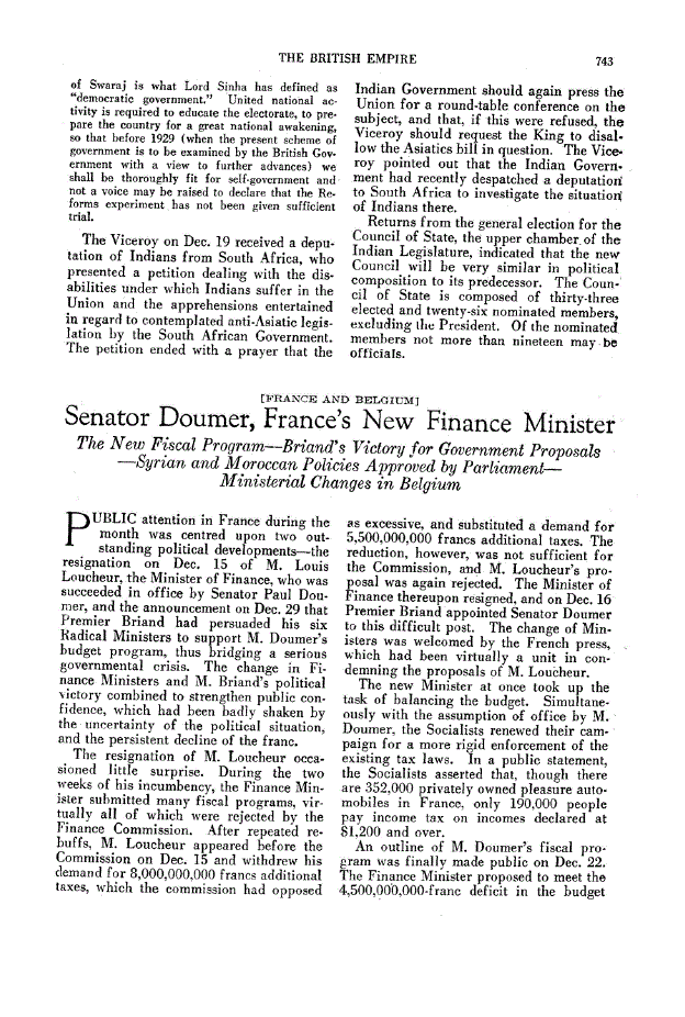 First page of Senator Doumer, France’s New Finance Minister