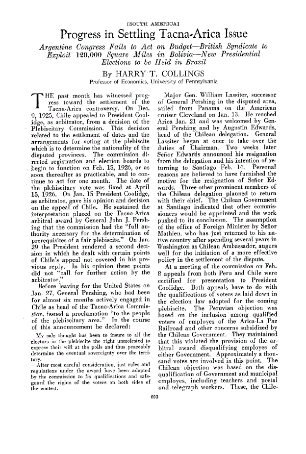 First page of Progress in Settling Tacna-Arica Issue