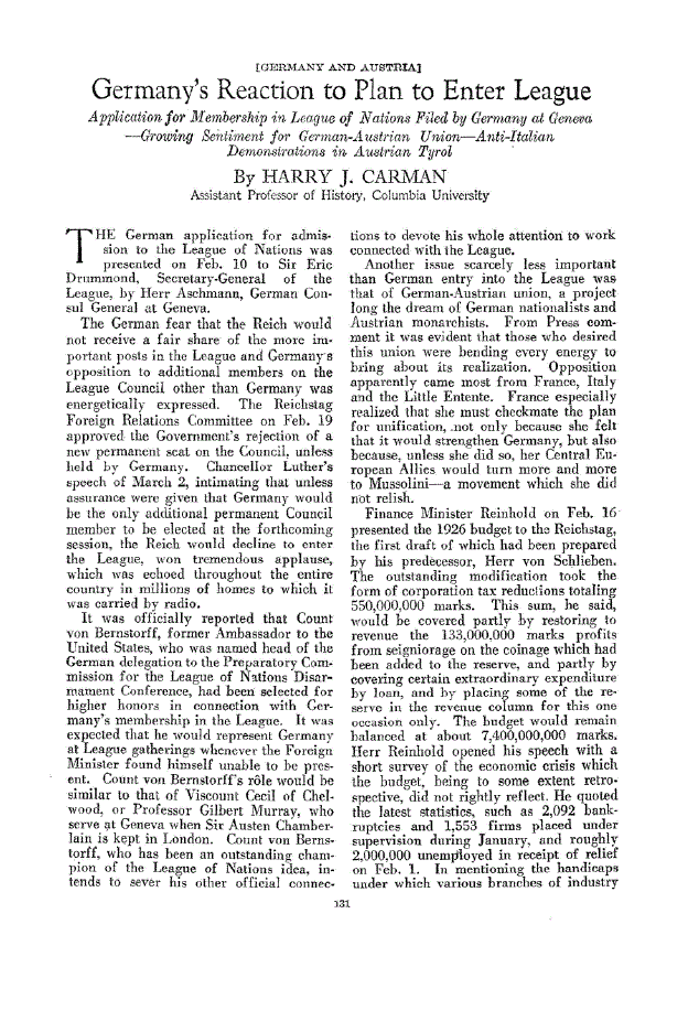 First page of Germany’s Reaction to Plan to Enter League