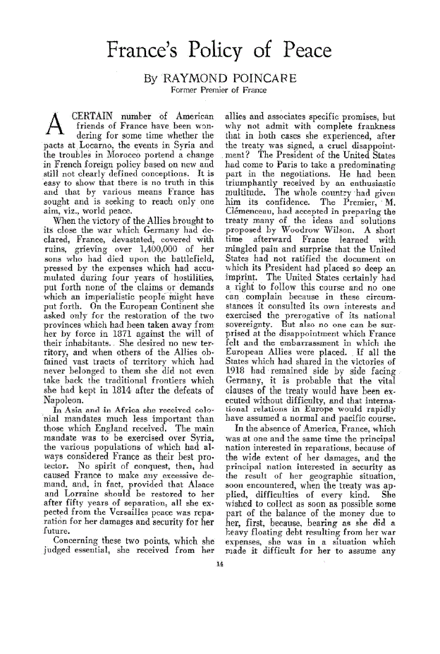 First page of France’s Policy of Peace