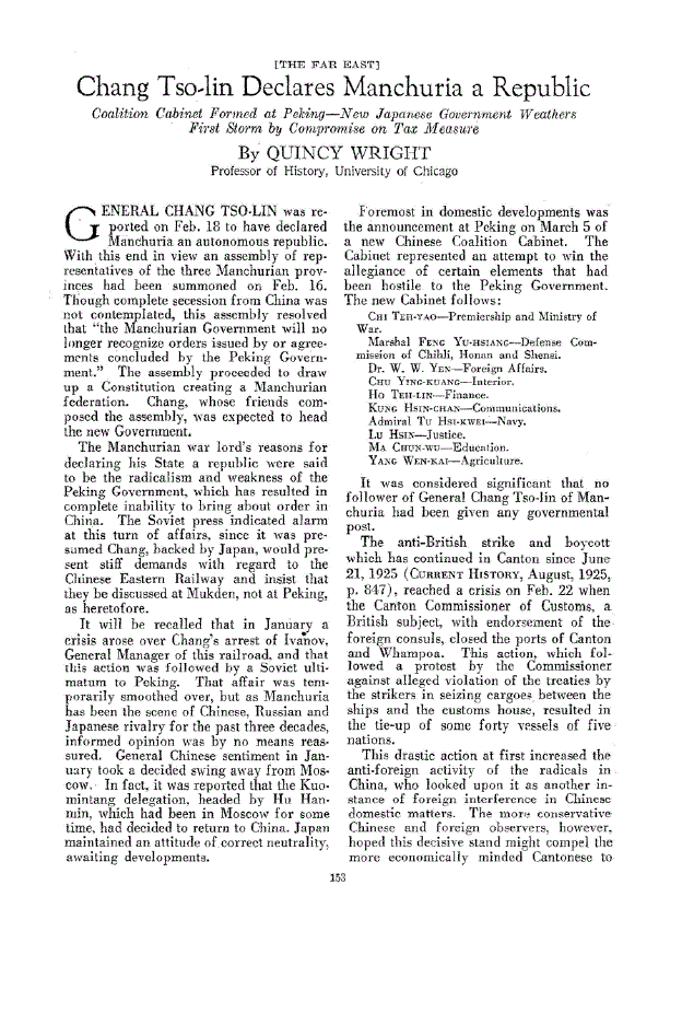 First page of Chang Tso-lin Declares Manchuria a Republic