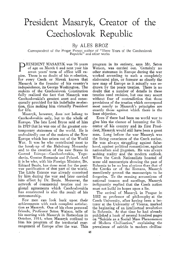 First page of President Masaryk, Creator of the Czechoslovak Republic