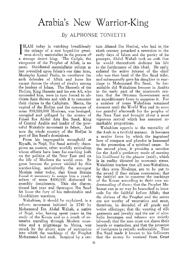 First page of Arabia’s New Warrior-King