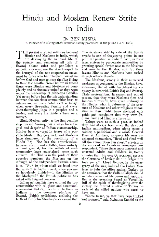 First page of Hindu and Moslem Renew Strife in India