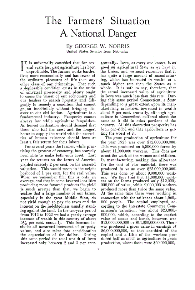 First page of The Farmers’ Situation A National Danger