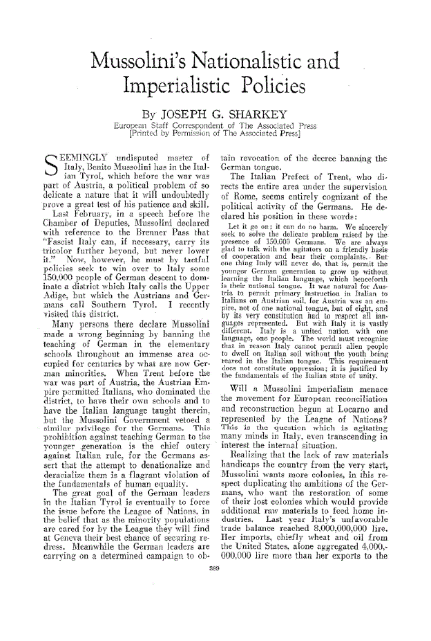 First page of Mussolini’s Nationalistic and Imperialistic Policies
