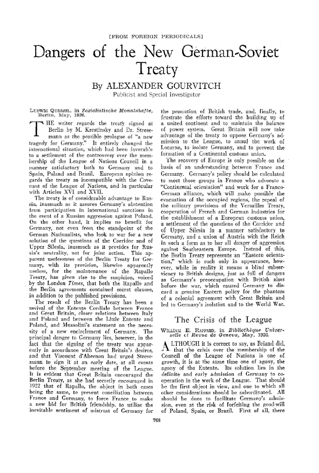 First page of Dangers of the New German-Soviet Treaty