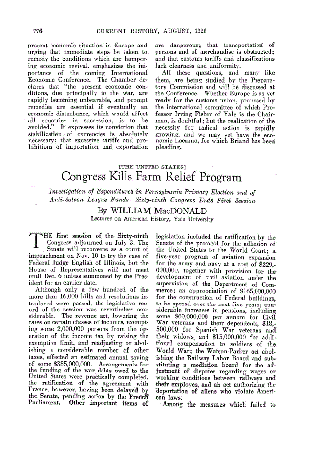 First page of Congress Kills Farm Relief Program
