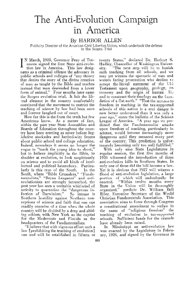 First page of The Anti-Evolution Campaign in America