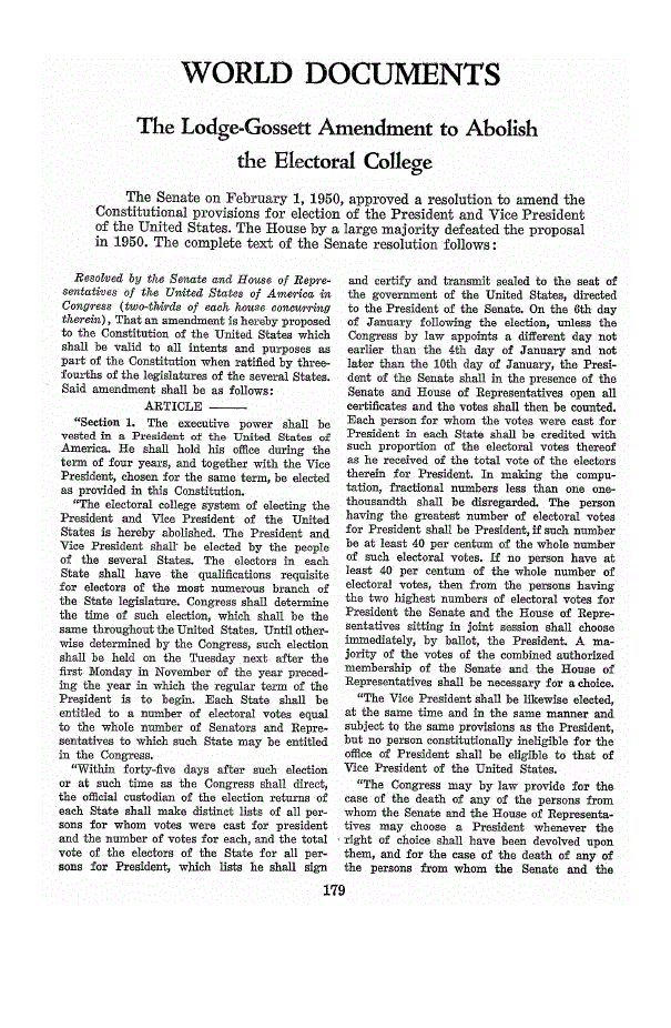 First page of The Lodge-Gossett Amendment to Abolish the Electoral College