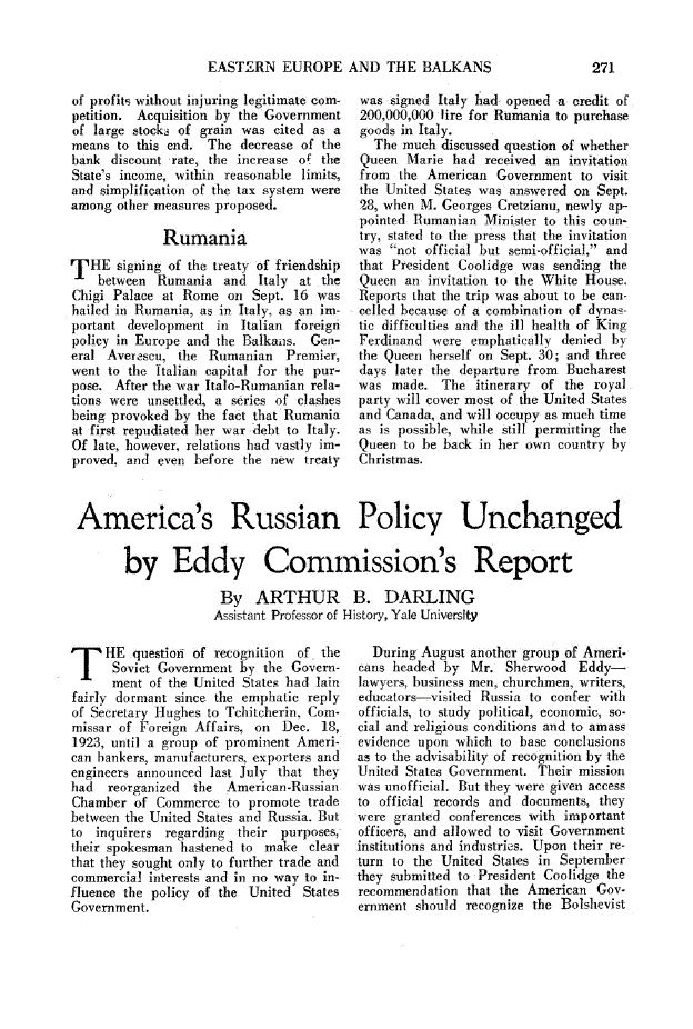 First page of America’s Russian Policy Unchanged by Eddy Commission’s Report