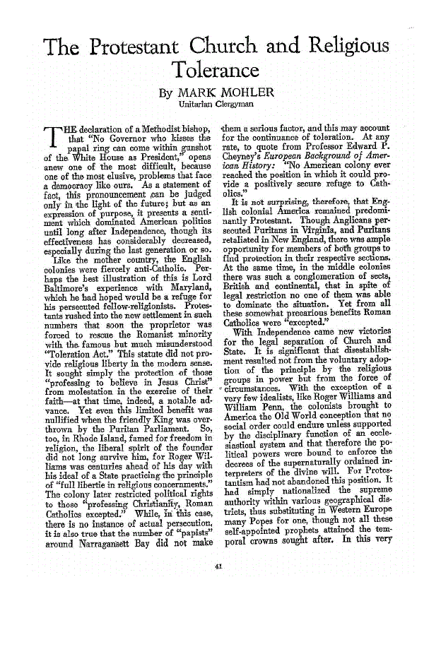 First page of The Protestant Church and Religious Tolerance