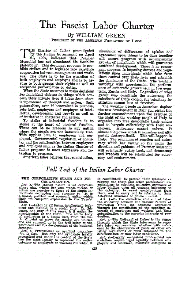 First page of The Fascist Labor Charter