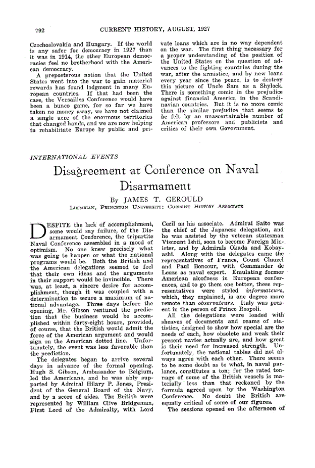 First page of Disagreement at Conference on Naval Disarmament