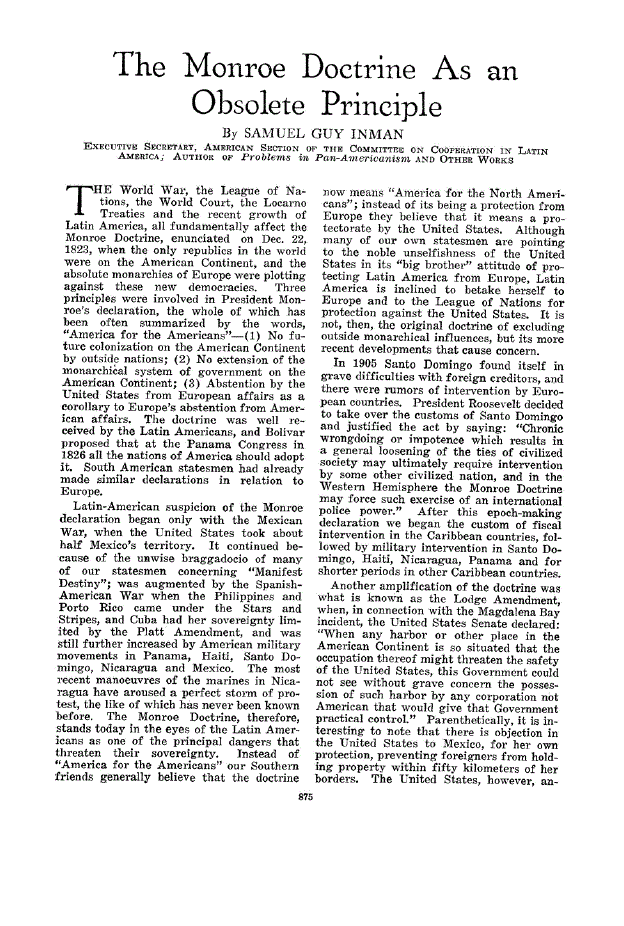 First page of The Monroe Doctrine As an Obsolete Principle