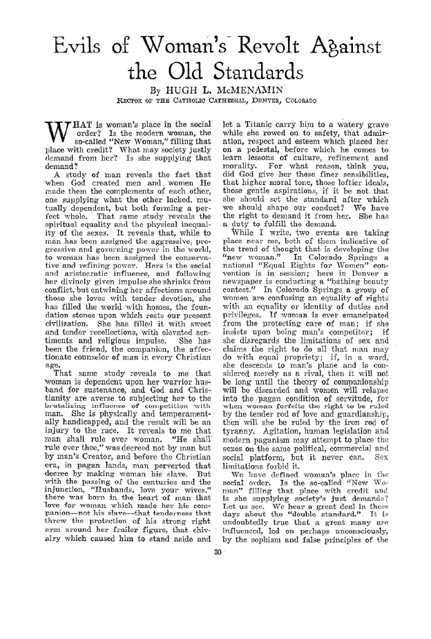 First page of Evils of Woman’s Revolt Against the Old Standards