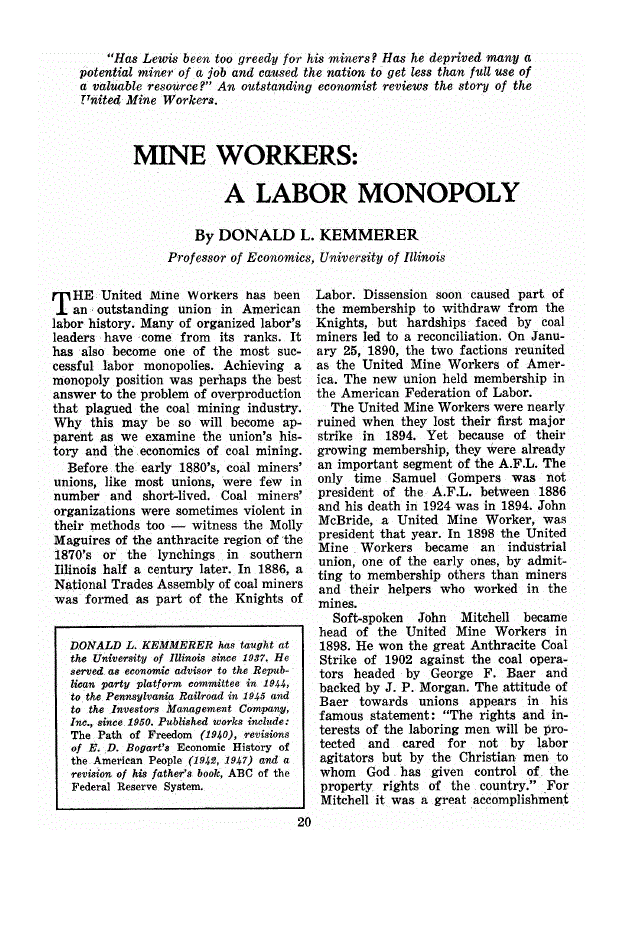 First page of Mine Workers<subtitle>A Labor Monopoly</subtitle>