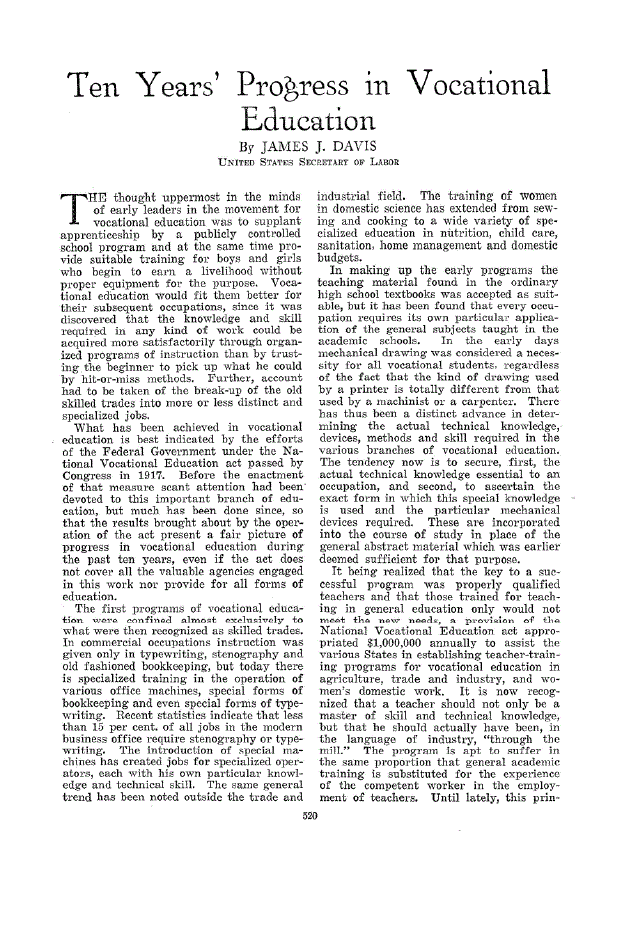 First page of Ten Years’ Progress in Vocational Education