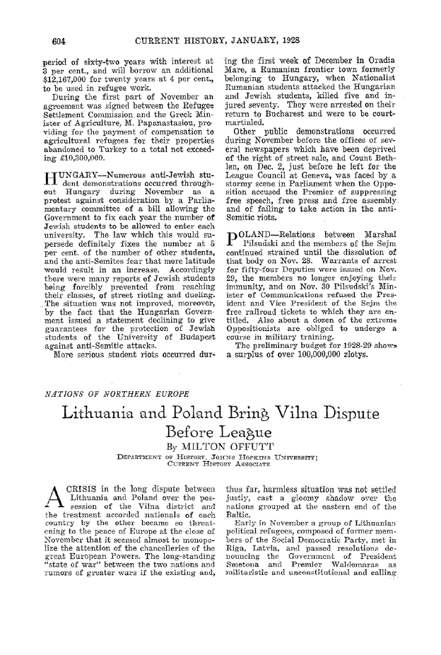 First page of Lithuania and Poland Bring Vilna Dispute Before League