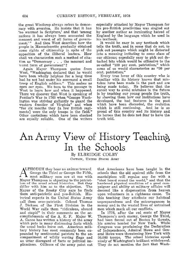 First page of An Army View of History Teaching in the Schools