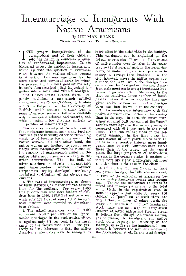First page of Intermarriage of Immigrants With Native Americans