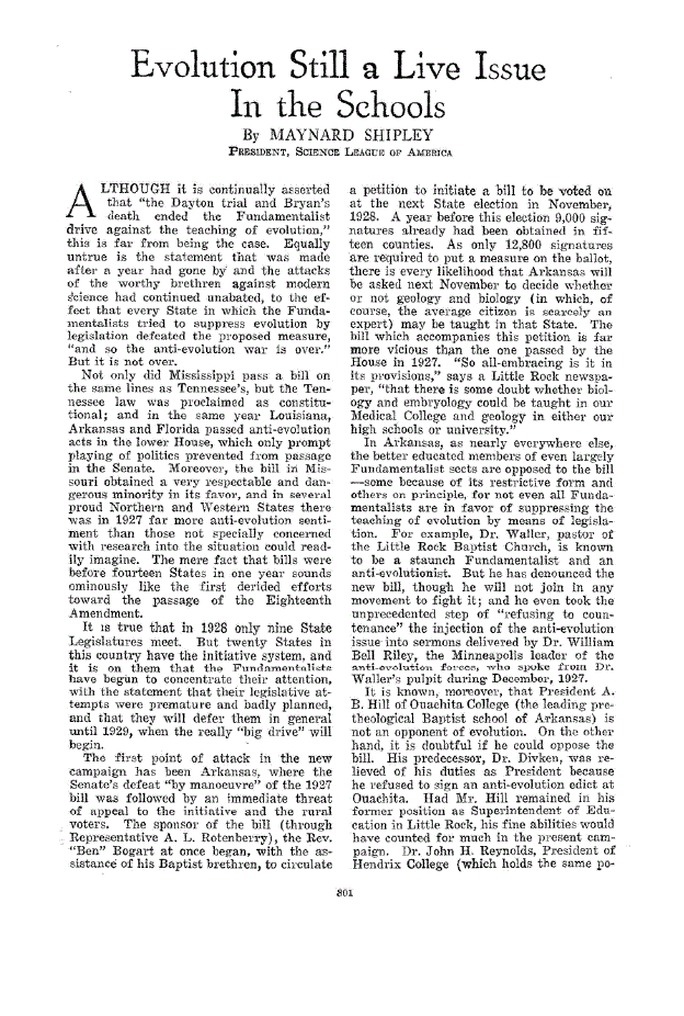 First page of Evolution Still a Live Issue in the Schools
