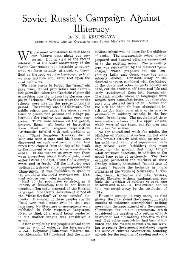 First page of Soviet Russia’s Campaign Against Illiteracy