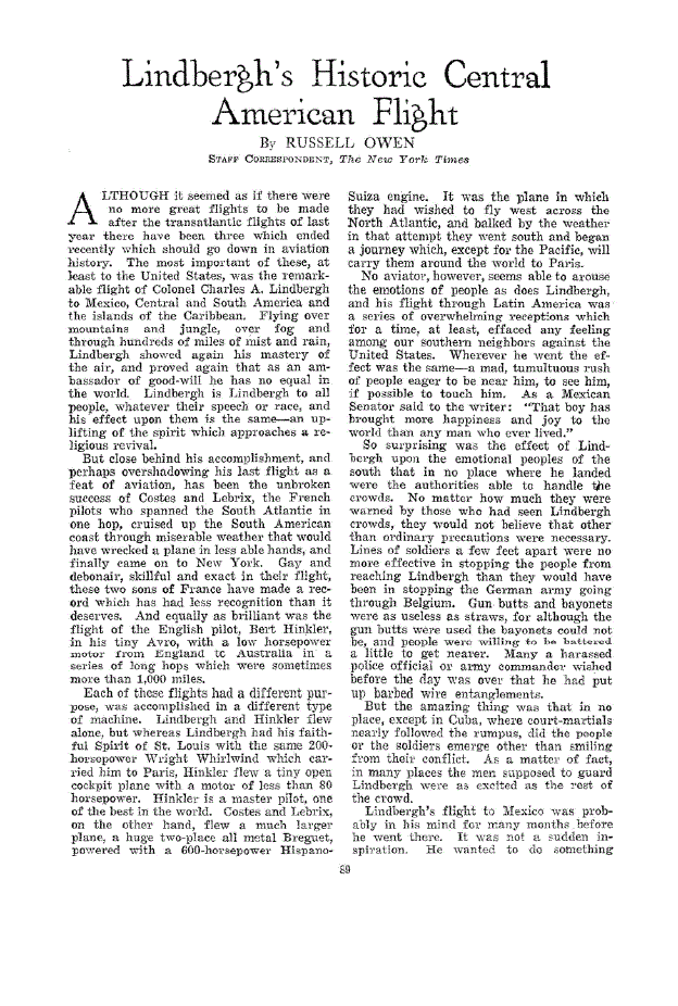 First page of Lindbergh’s Historic Central American Flight