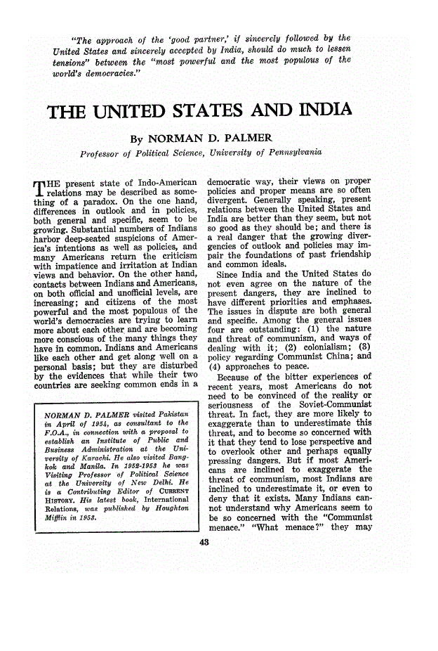 First page of The United States and India