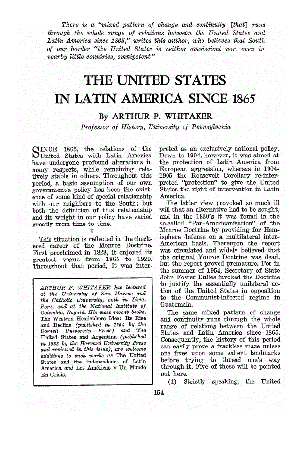 First page of The United States in Latin America Since 1865