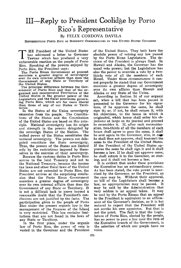 First page of III—Reply to President Coolidge by Porto Rico’s Representative