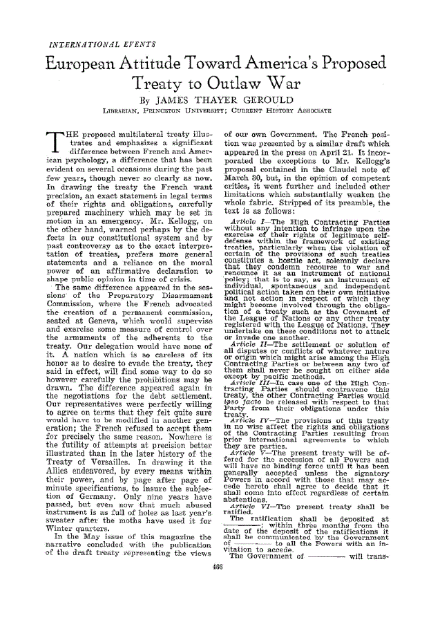 First page of European Attitude Toward America’s Proposed Treaty to Outlaw War