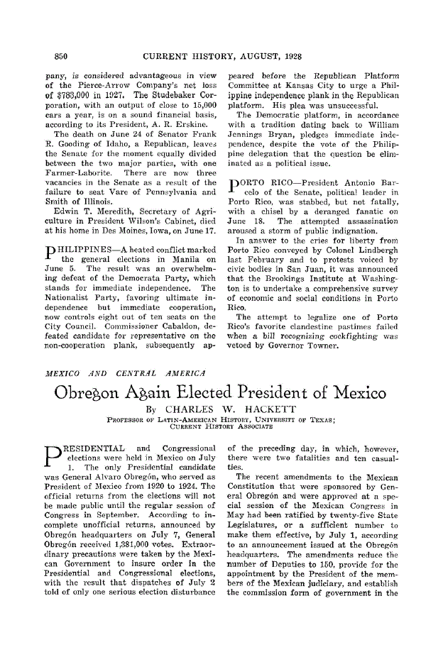 First page of Obregon Again Elected President of Mexico