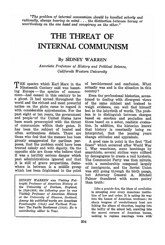 First page of The Threat of Internal Communism