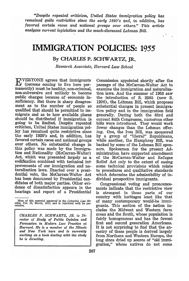 First page of Immigration Policies<subtitle>1955</subtitle>