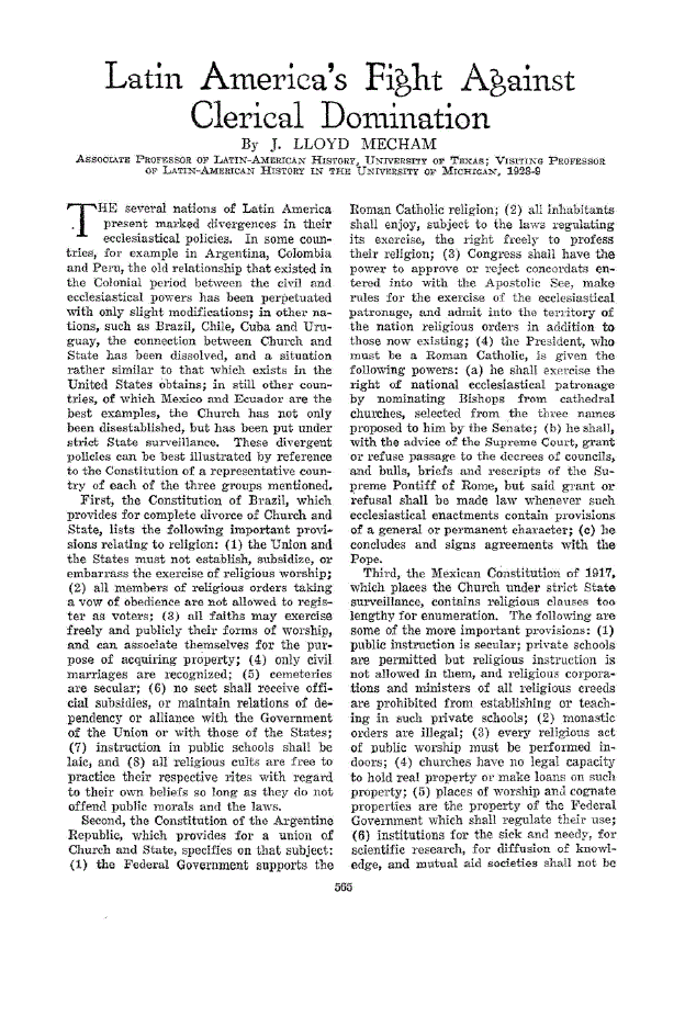 First page of Latin America’s Fight Against Clerical Domination
