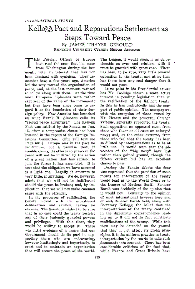 First page of Kellogg Pact and Reparations Settlement as Steps Toward Peace