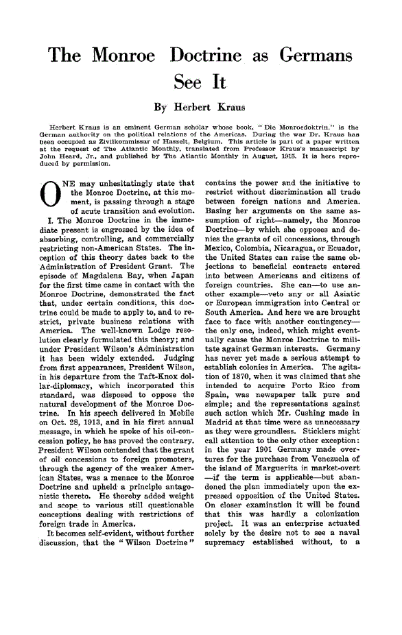 First page of The Monroe Doctrine as Germans See It